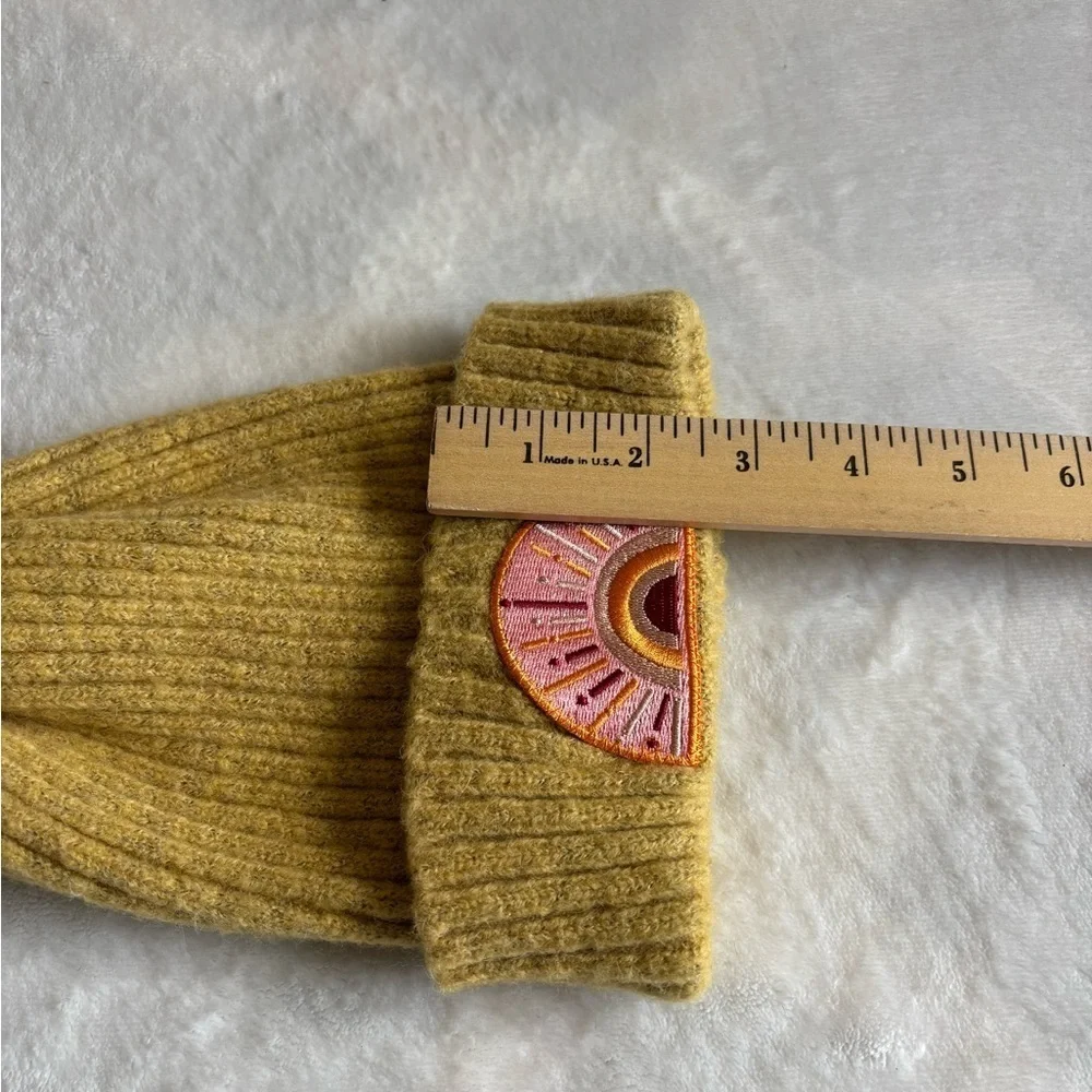 Virginia Wolf Yellow Mustard Knit Beanie with Pink Rainbow Patch and Pompon OS